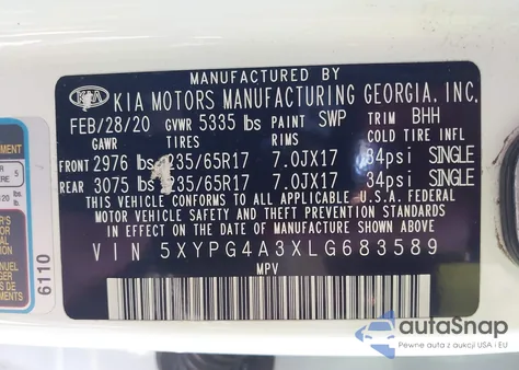 2020 Kia Sorento 2.4L Lx z USA, uszkodzony, nr VIN 5XYPG4A3XLG683589